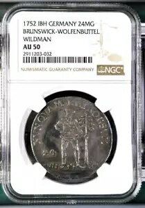 1752 IBH ジャーマンステイツ ブランズウィック ウォルフェンブッテル ワイルドマン 2/3 ターラー 24 MG NGC AU 50(3)