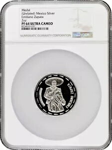 メキシコ シルバー ラウンド 2 オンザ ND、NGC PF64 UC、「革命家エミリアーノ・サパタ」-