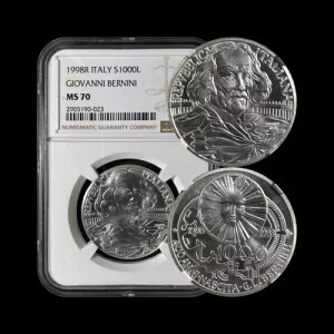 イタリア。 1998年、1000リラ、シルバー - NGC MS70 - トップポップ??ベルニーニ、サン・ピエトロ広場