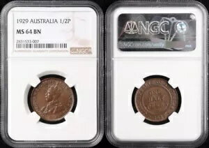 オーストラリア 1929 KGV 1/2d - チョコレートチョイス UNC。グレードNGC MS64BN。猫 UNC $1250。