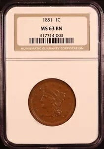 1851 編み込みヘア ラージセント - NGC MS63 BN - 滑らかなチョコレートブラウンが魅力的！
