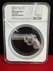 2023 チャド 2 オンス シルバー リボルバー ガン型 アンティーク ハイレリーフ コイン .999 ファイン