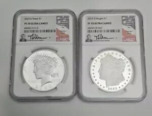 2023-S Pf70 モーガンとピース セット、トーマス・ウラムのサイン入り