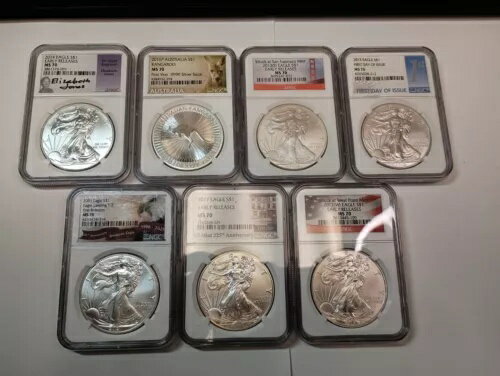 (6) MS70 シルバー イーグル、(1) MS70 シルバー カンガルー - エリザベス ジョーンズ サイン入りイーグル(3)