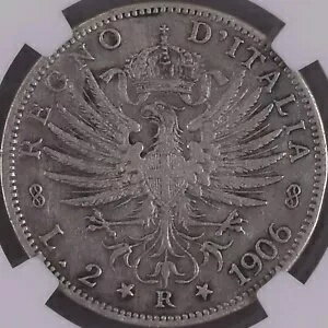 イタリア。 1906年、2リラ、銀 - NGC VF - ヴィットリオ・エマヌエーレ3世、カンムリワシ