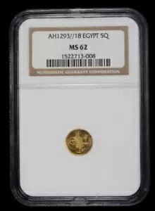 エジプト 1876: アブドゥル ハミッド 2 世、金貨、AV 5 キルシュ、NGC MS 62、AH1293 、KM-298