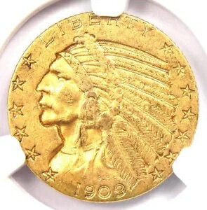 1909-S インディアン ゴールド ハーフ イーグル $5 コイン - NGC AU55 - 希少なサンフランシスコ日付!(3)