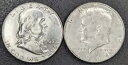 1963 米国 50C フランクリン シルバー ハーフダラーおよび 1964 ケネディ AU+ コイン(3)
