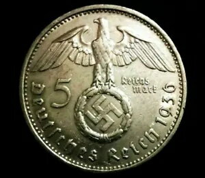 レアな第二次世界大戦ドイツの 5 ライヒスマルク シルバー コイン、イーグル付き - 歴史的遺物