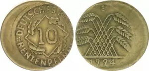 楽天WORLD RESOURCE【KING店】ワイマール 10 ペニヒ 1924 E エラーコイン：中心から20％ずれ、リブエッジなし SS-VZ