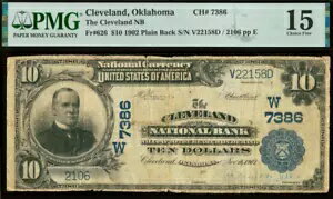 1902 $10 ナショナル バンク オクラホマ州クリーブランド CH# 7386 PMG 15 トップ ポップ 1/0 - 2 既知