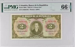 コロンビア 2 ペソ 1943 p390a PMG 66 宝石未流通、既知の最高級品と関連付け
