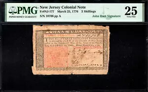 ニュージャージー植民地紙幣 Fr#NJ-177 1776 年 3 月 25 日 3s PMG 25 *ジョン ハート署名