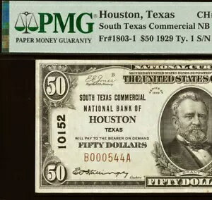 1929年 $50 サウステキサス商業国立銀行 テキサス州ヒューストン CH# 10152 - PMG 40