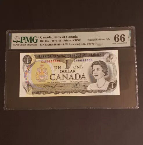 非常に珍しいレーダーとローター 1973 年カナダ銀行 1 ドル紙幣。 2桁レーダー.GEM UNC