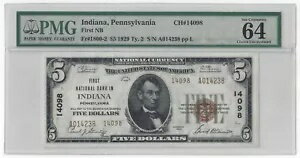 1929年 Ty.2 ペンシルバニア州インディアナ第一国立銀行 $5 NBN PMG 64EPQ (57396)