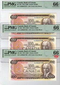 1975 年 カナダ銀行 $100 クロウ/ブイ連続シリーズ - PMG UNC66 --