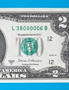 L 38000006 B : 0 が 5 つ連続 $2 2 ドル紙幣 *UNC*