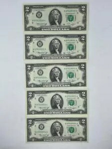 1976 年 $2 連邦準備銀行券、5 連続シリアル番号未流通 F5.38