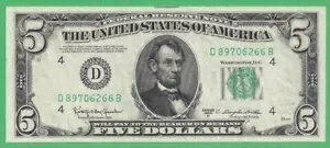 シリーズ 1950D $5 連邦準備銀行券 Fr.1965-D (56290)
