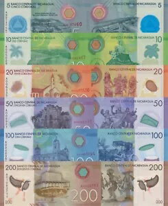 ニカラグア 6 個セット: 5 〜 200 コルドバ (2015/2017)、p209-p213 ポリマー UNC