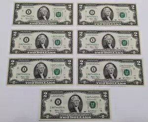 7 枚の連続 2 ドル紙幣 2003 I 86744019 から I 86744025