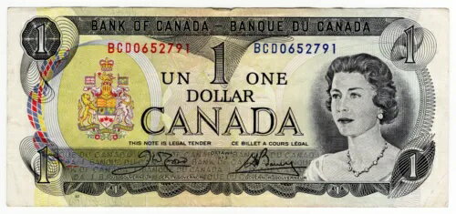 カナダ銀行 1 ドル紙幣 珍しい素晴らしい形 $1 シリーズ 1973 オタワ BCD0652791