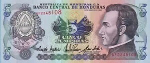 ホンジュラス 5 レンピラ未流通紙幣 1993 年。ホンジュラス レンピラ UNC 紙幣