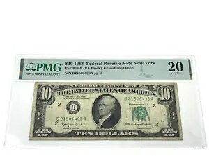 1963年 10ドル10ドル、ニューヨーク連邦準備銀行紙幣、「PMG 20 Very Fine」(#12)