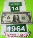 1 ドル誕生日メモ 1964 年 1 月 14 日。未流通。派手なシリアル番号