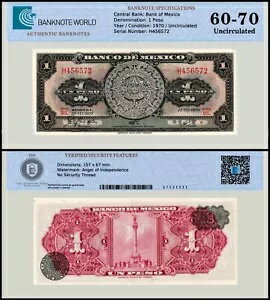 メキシコ 1 ペソ、1970 年、P-59l.2、UNC、シリーズ BIL、認証済み紙幣