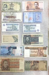 12 紙幣極東諸国 - タイ、ミャンマー、カンボジア、インドネシア、マレーシア