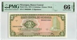 ニカラグア 2 コルドバ 1972、P-121a バンコ セントラル、TDLR、PMG 66 EPQ 宝石 UNC グレード