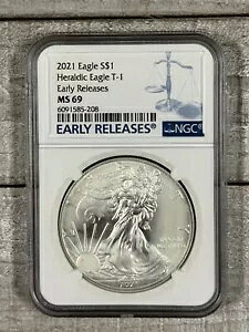 2021 アメリカン シルバー イーグル ヘラルディック イーグル T-1 NGC MS69 早期リリース タイプ 1(3)