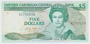 1985 - 1987 東カリブ海中央銀行モントセラト 5 ドル紙幣ビル クリスプ