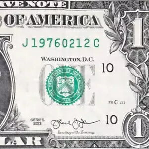 1976 年 2 月 12 日 : J 19760212 C 誕生日紙幣 1 ドル紙幣