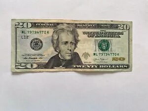 米国リアルマネー 20 ドル紙幣 20 ドル シリアル番号 ML 79794770 K ノート 2013
