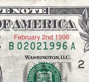 1996 年 2 月 2 日 1996 年 2 月 2 日の誕生日メモ 派手なシリアル番号 1 ドル 1 ドル紙幣