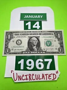 1 ドル誕生日メモ 1967 年 1 月 14 日。未流通。派手なシリアル番号