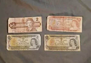 1986 年および 1973/74 年カナダ 1 ドル紙幣および 2 ドル紙幣ロット (4) オタワ