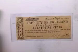 1862 年 25 セント、リッチモンド市、廃止された通貨、店舗 #OBS010。