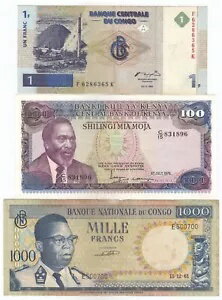 ケニア、コンゴ、3枚セット、世界紙幣、混合状態、