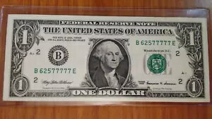 1 ドル紙幣ファンシー シリアル番号 62577777 エンディング 7 秒クリーンクリスプノート 1999