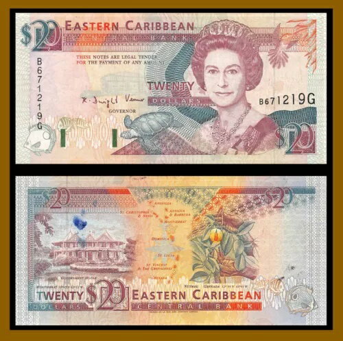 東カリブ海 20 ドル、1993 P-28G QE II ナツメグ フルーツ (Cir)