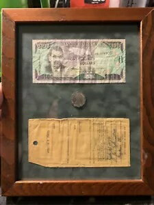 ジャマイカ銀行 100 ドル紙幣、コイン、ビジターズパスのヴィンテージとフレーム !!