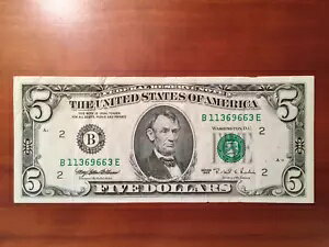 1995 レア $5 ニューヨーク (B) Fed Res Note Fr 1985-B - クリスプ AU - B11369663E