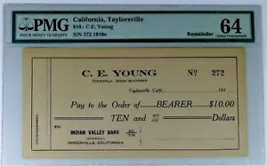 1910年代 PMG MS64 CALIFORNIA Taylorsville CA $10 銀行小切手 CE Young General Merc