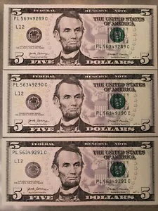 新品未流通 5 ドル紙幣、シリーズ 2017A 5 ドル連番紙幣 3 枚ロット