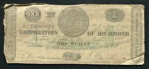 1861 年 1 ドル 1 ドル バージニア州リッチモンド会社の廃止された紙幣 (C)