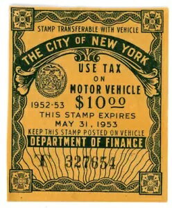 アメリカ/ニューヨーク-車両登録ステッカー .. 10 ドル .. 1953 .. *UNC*??未使用